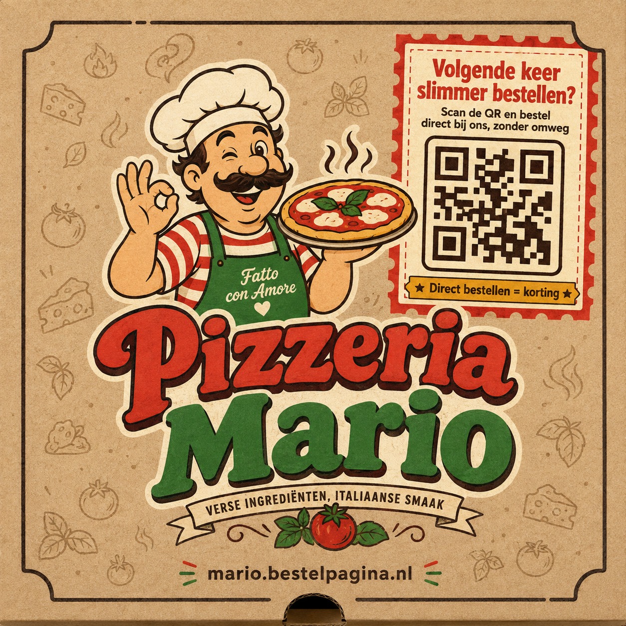 Pizzadoos met eigen opdruk en een spaar-QR die klanten terugbrengt naar de bestelpagina