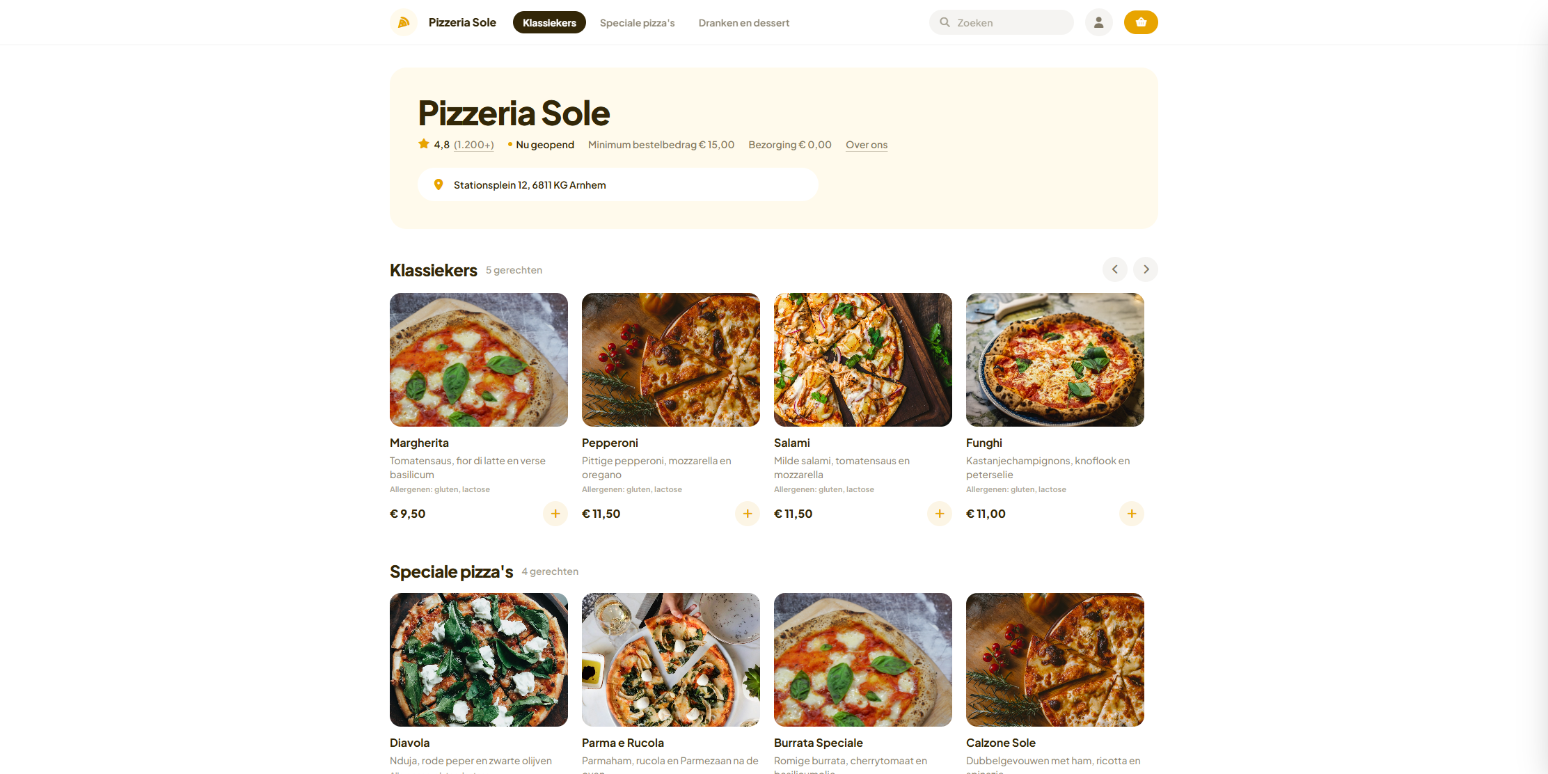 Voorbeeld van de bestelpagina van Pizzeria Sole