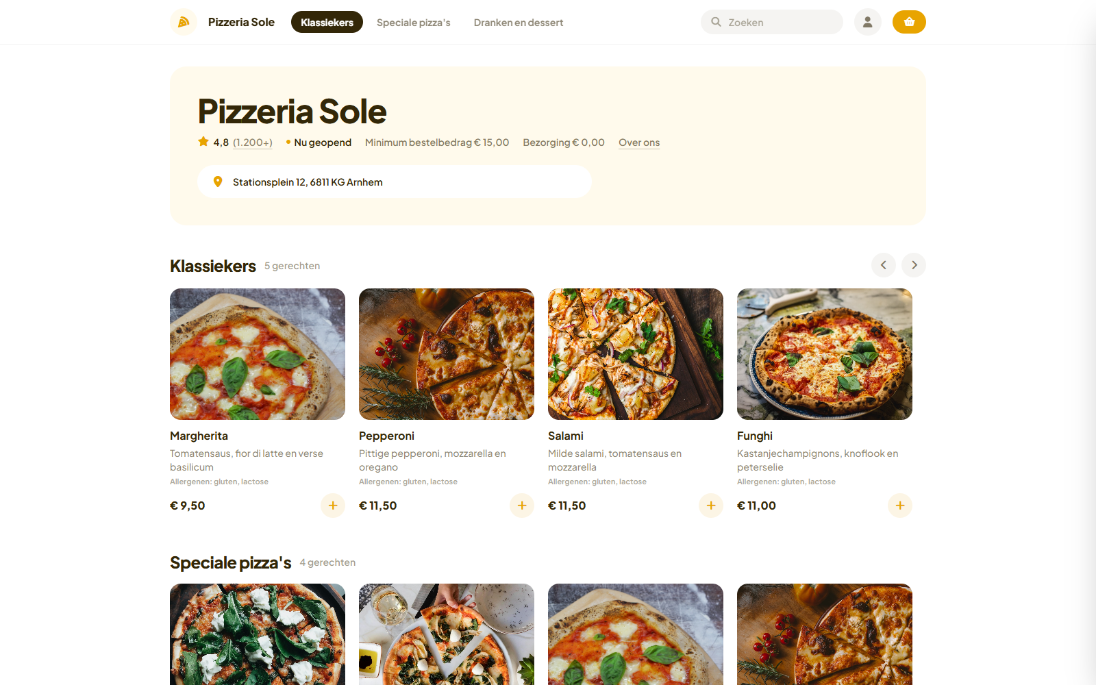 De bestelpagina van Pizzeria Sole