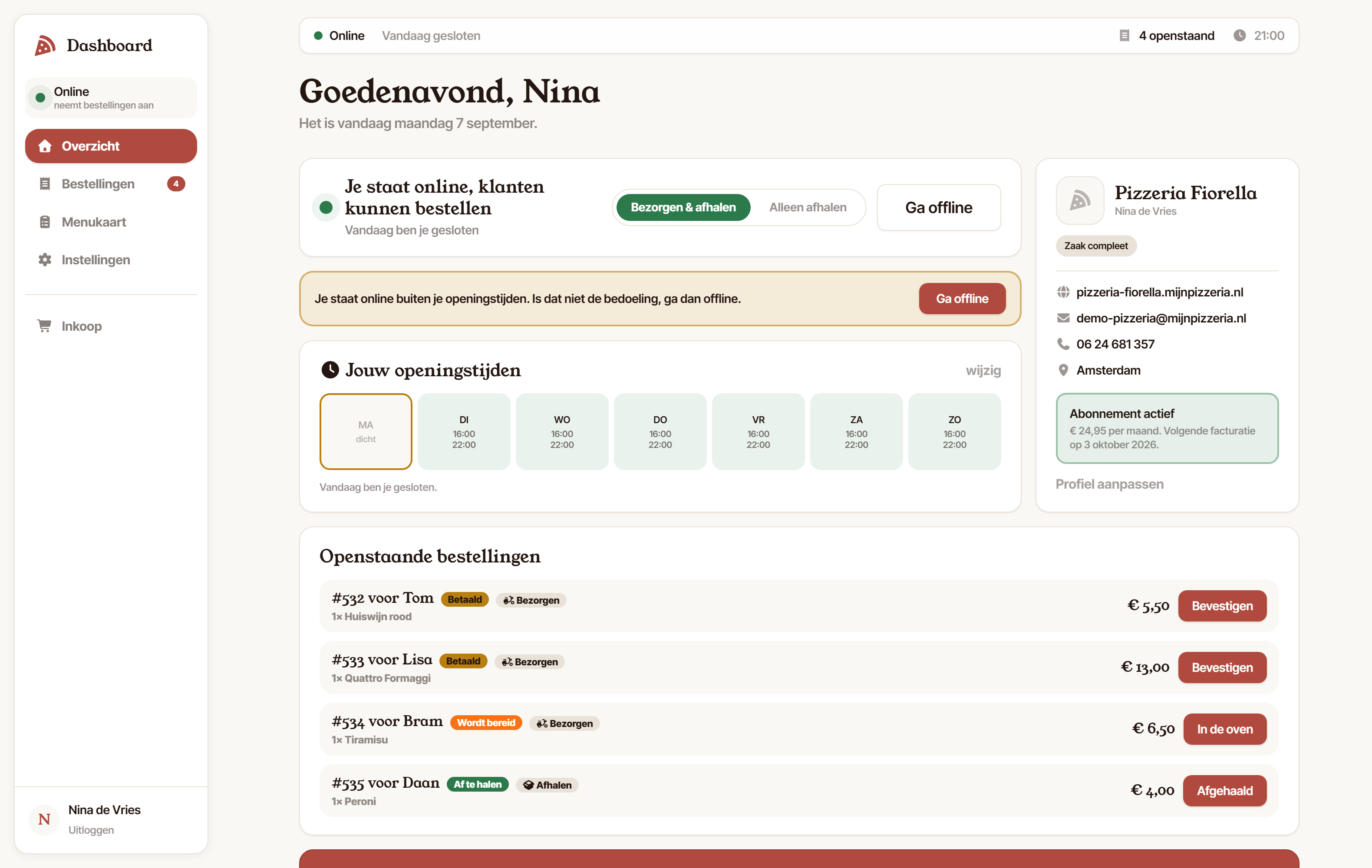 Het dashboard met openstaande bestellingen en openingstijden